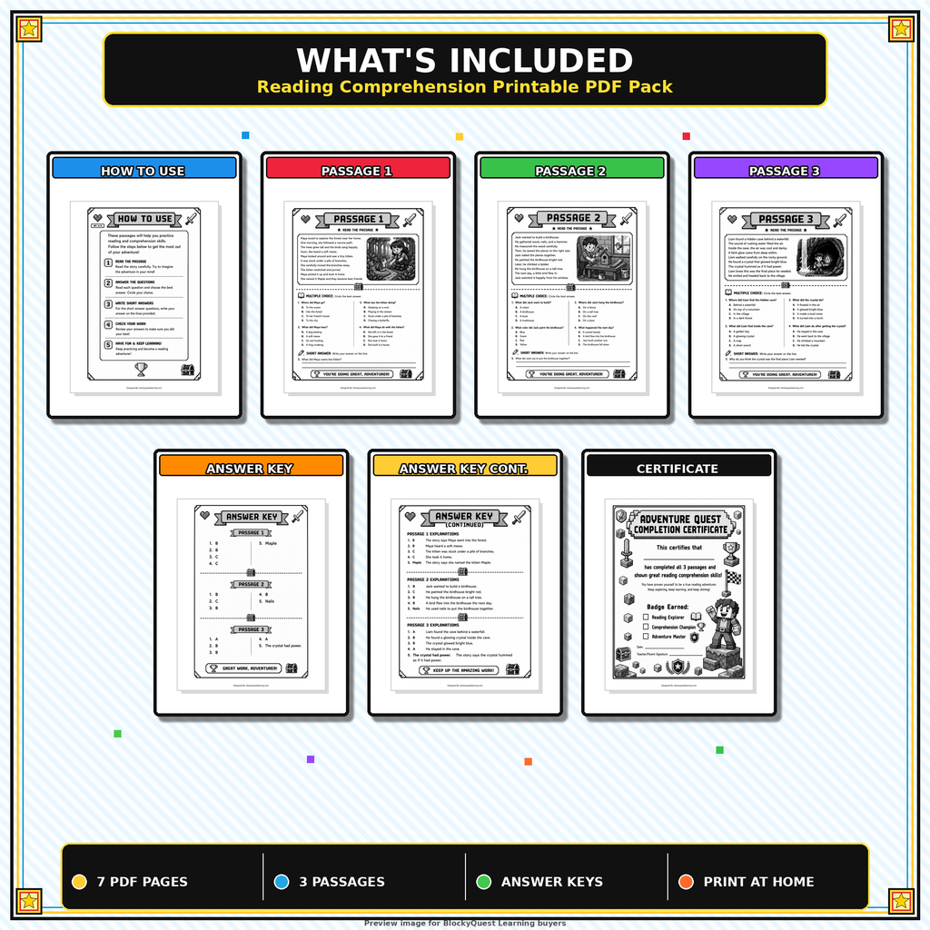 Quest Adventure Reading Comprehension Worksheets Pack
