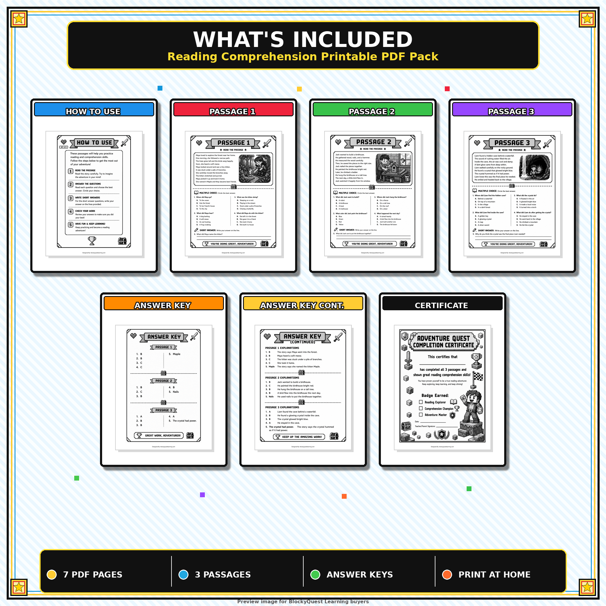 Quest Adventure Reading Comprehension Worksheets Pack